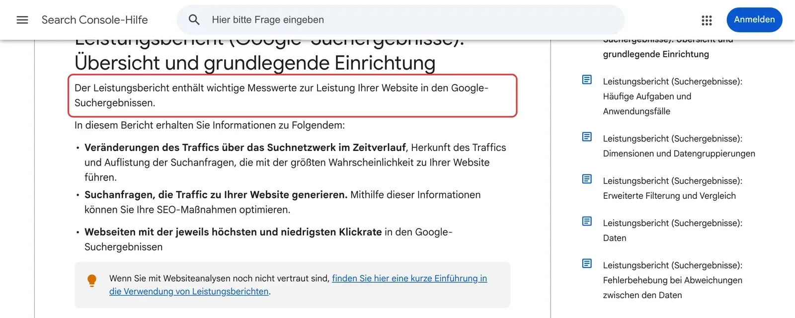Google Search Console-Hilfe zum Leistungsbericht mit markiertem Satz, dass der Bericht die Leistung der Website in den Google-Suchergebnissen zeigt