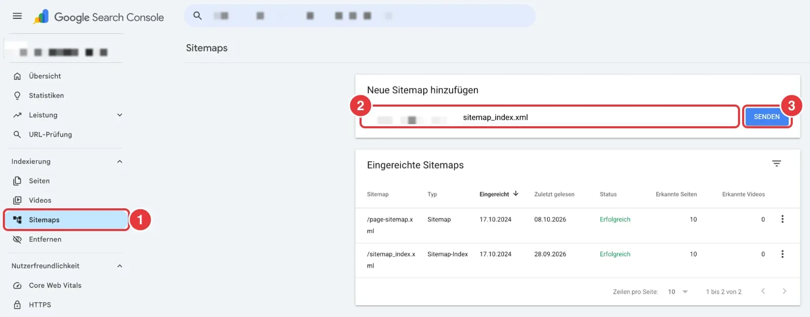 Sitemaps-Bericht in der Google Search Console mit rot markiertem Menüpunkt, Eingabefeld für die Sitemap-Adresse und Senden-Knopf