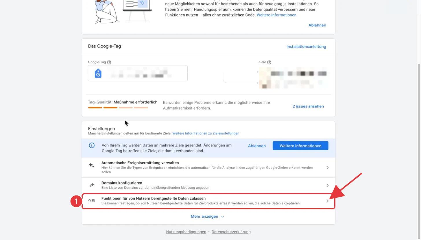 Google Tag Manager, Einstellungen eines Google-Tags: die Zeile Funktionen für von Nutzern bereitgestellte Daten zulassen ist rot markiert
