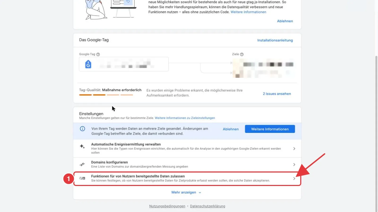 Google Tag Manager, Einstellungen eines Google-Tags: die Zeile Funktionen für von Nutzern bereitgestellte Daten zulassen ist rot markiert