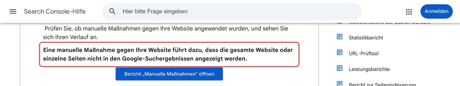 Search-Console-Hilfe zum Bericht Manuelle Maßnahmen: der Satz zu den Folgen für die Website ist rot umrahmt