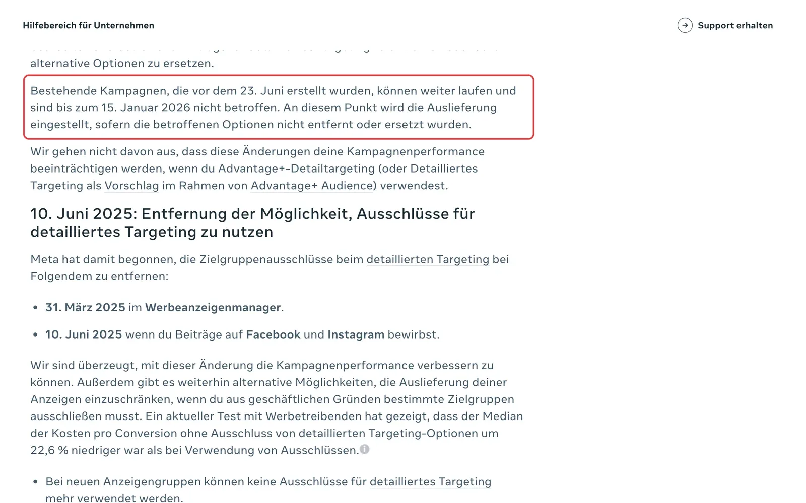 Meta-Hilfebereich: Hinweis, dass Kampagnen mit zusammengefassten Interessen ab dem 15. Januar 2026 nicht mehr ausgeliefert werden