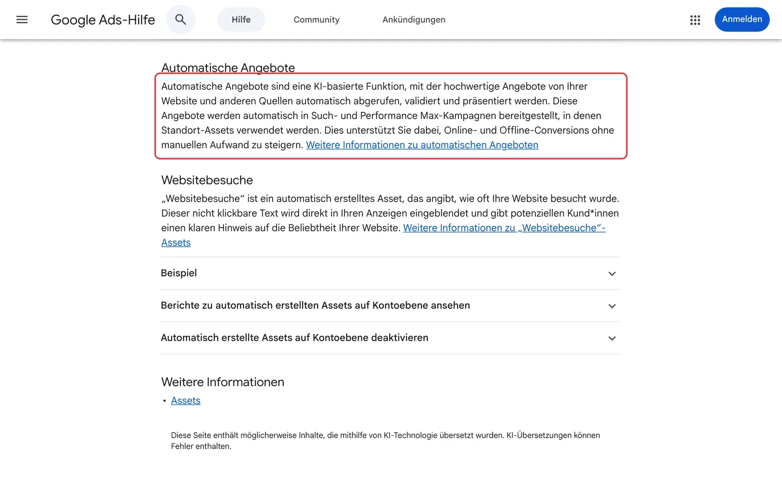 Google Ads-Hilfe zu automatisch erstellten Assets auf Kontoebene mit markiertem Abschnitt Automatische Angebote