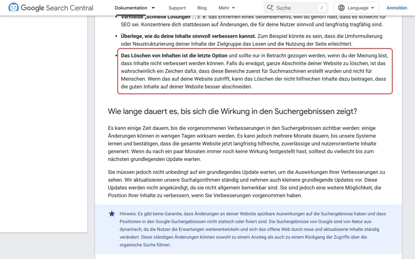 Google Search Central, Seite zu Core Updates: der Punkt, dass das Löschen von Inhalten die letzte Option ist, ist rot umrahmt