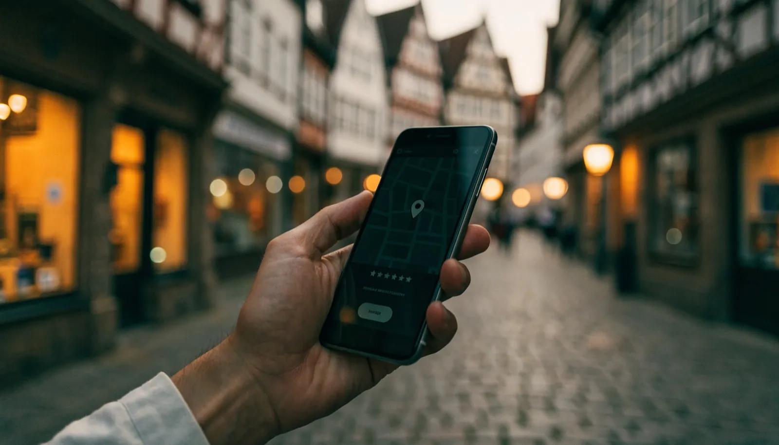 Smartphone mit Kartenansicht, Pin und Bewertungen in einer Altstadtgasse