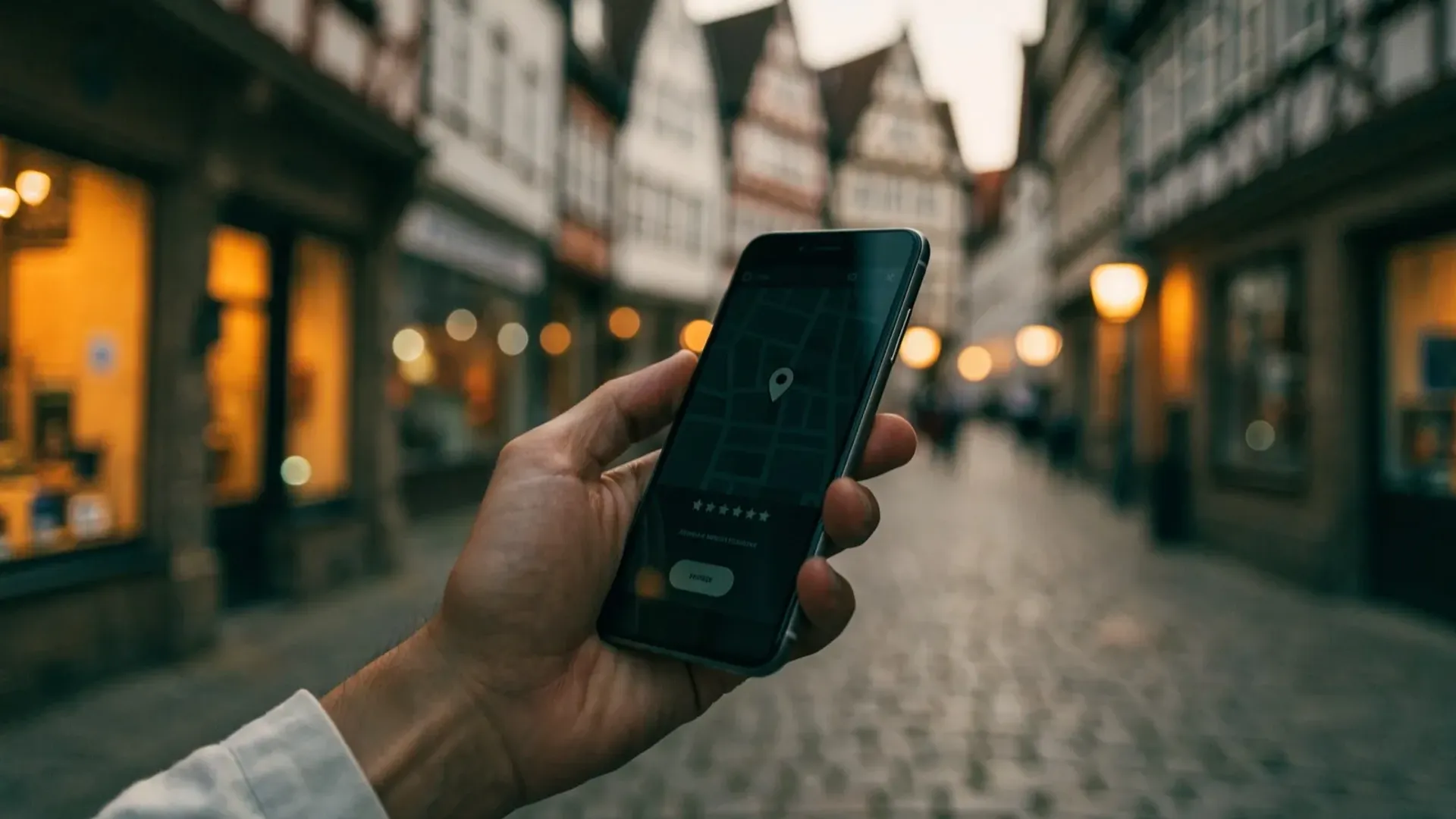 Smartphone mit Kartenansicht, Pin und Bewertungen in einer Altstadtgasse