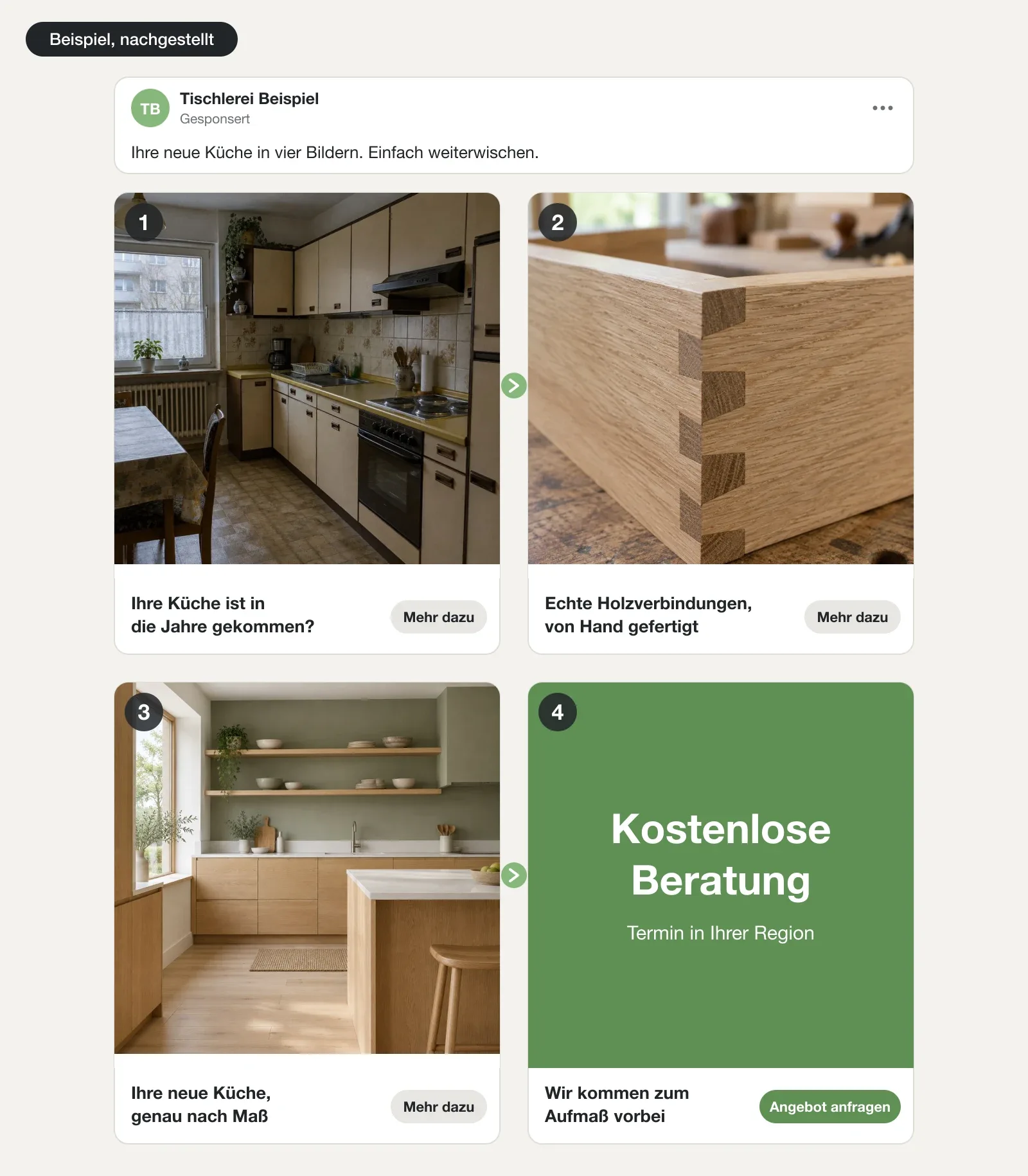 Beispiel einer Karussell-Anzeige mit vier quadratischen Karten für eine Tischlerei: alte Küche, Holzverbindung, neue Eichenküche und Karte Kostenlose Beratung