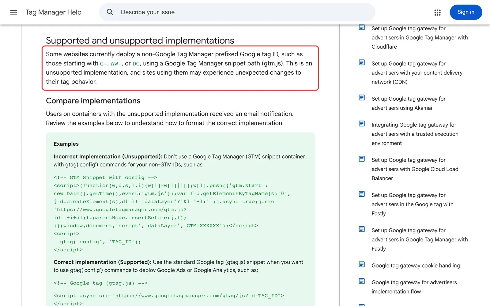 Google-Hilfe beschreibt die Mischung aus Tag-Manager-Code und G-, AW- oder DC-Kennung als nicht unterstützt