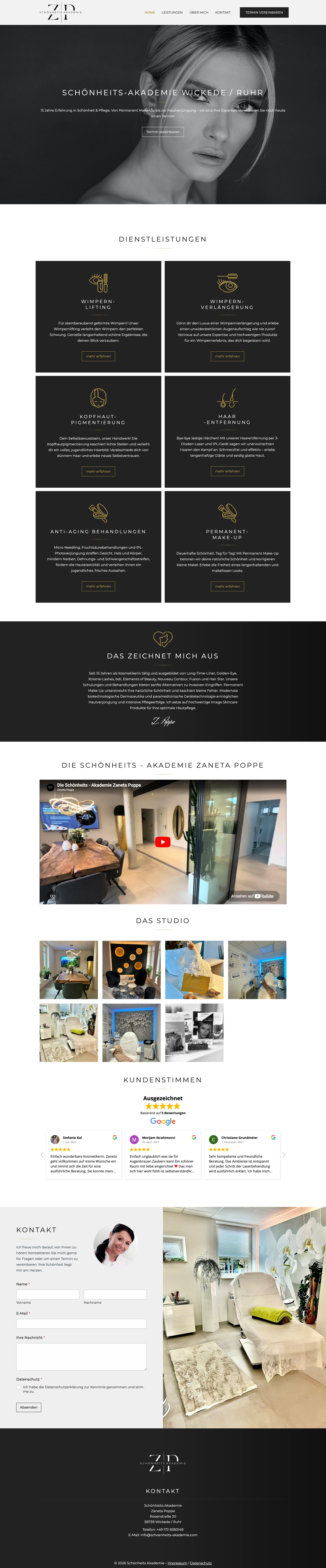 Komplette Startseite der Schönheits-Akademie Wickede – von Hero über Leistungen und Studio bis Kontakt