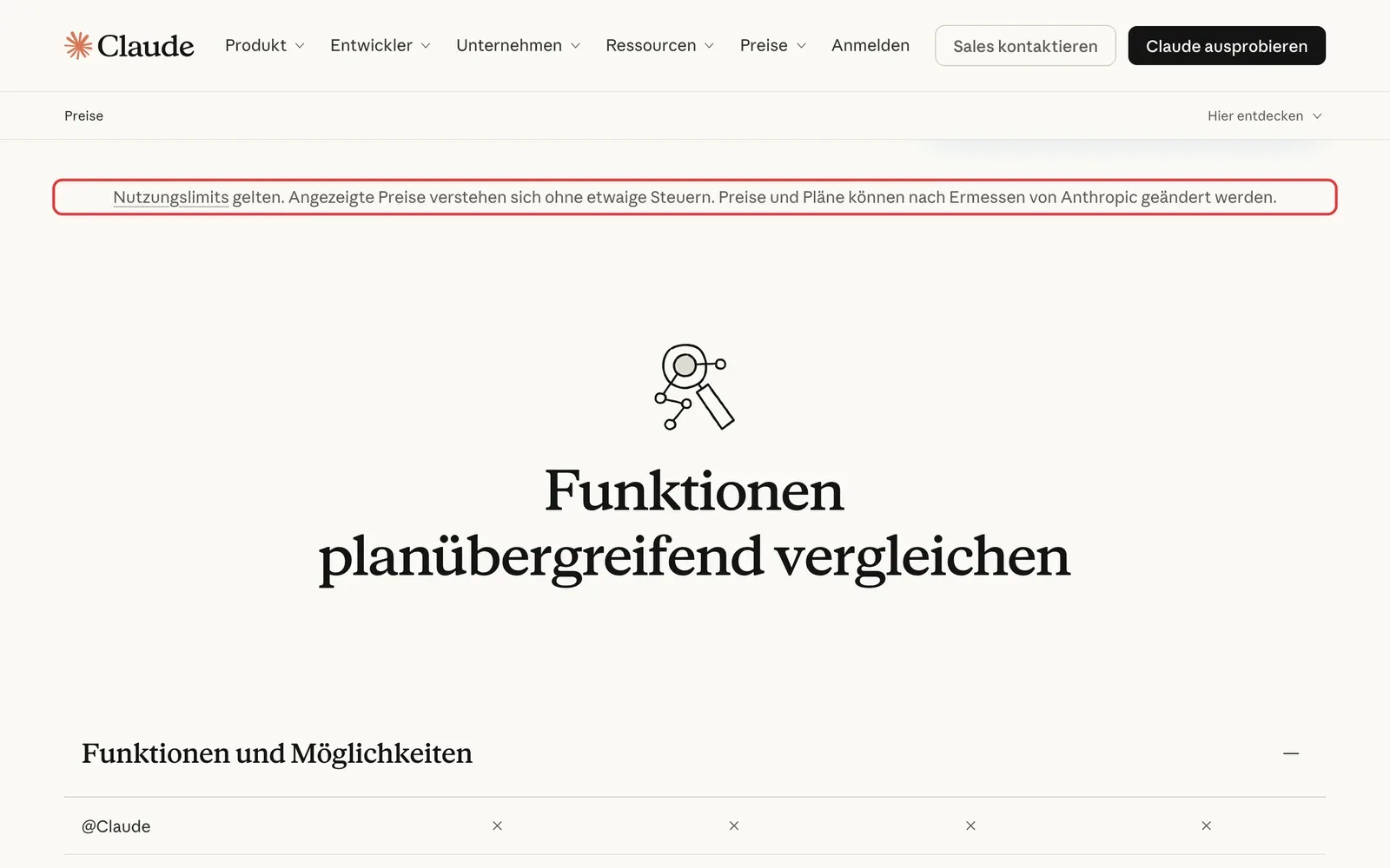 Claude-Preisseite: der Hinweis, dass Nutzungslimits gelten, die angezeigten Preise sich ohne etwaige Steuern verstehen und Anthropic Preise und Pläne ändern kann, ist rot umrahmt