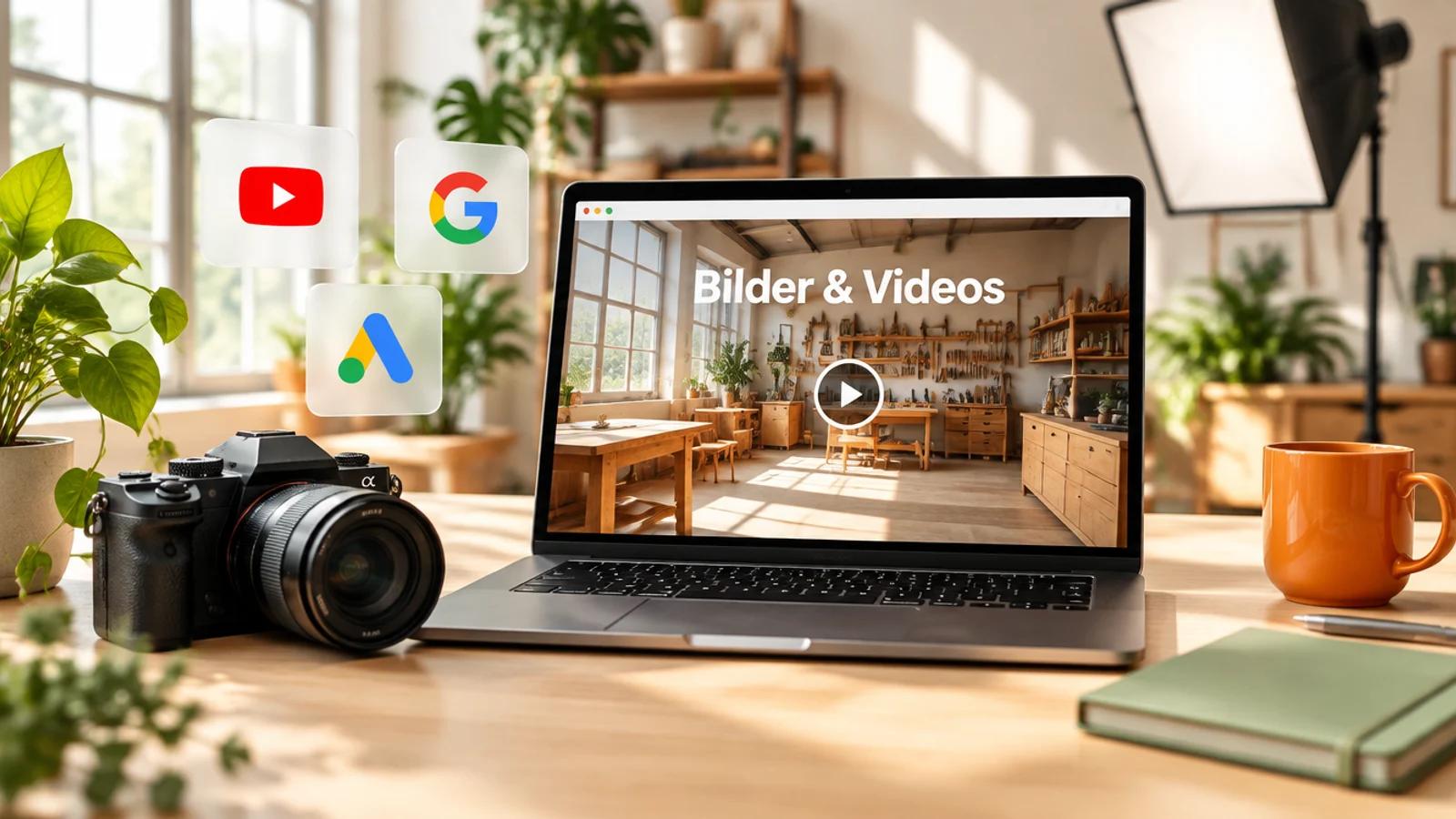 Studio mit Kamera und Laptop, auf dem eine Website mit großem Foto und der Überschrift Bilder und Videos zu sehen ist, daneben Logos von YouTube, Google und Google Ads