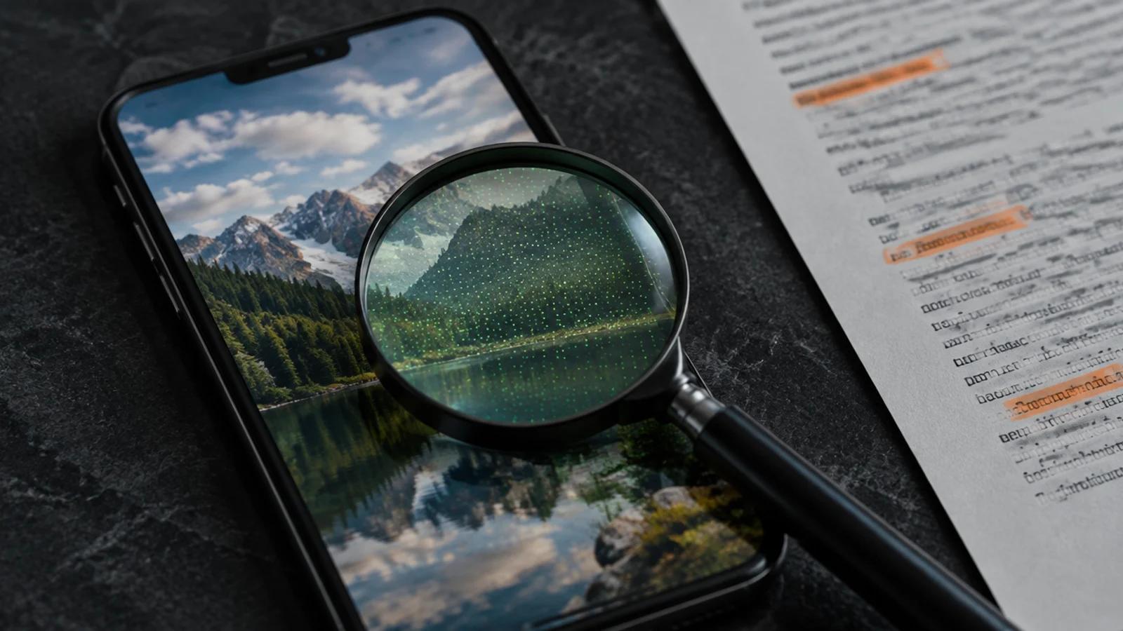 Smartphone mit Landschaftsfoto, eine Lupe macht ein feines, sonst unsichtbares Punktmuster im Bild sichtbar