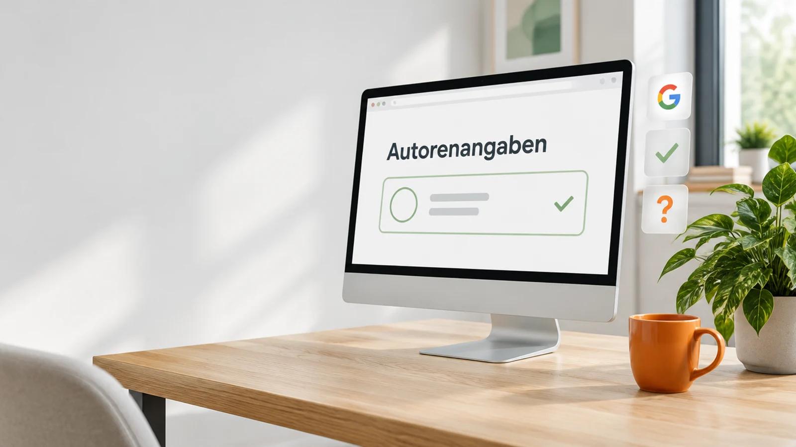 Monitor auf einem hellen Holztisch mit dem Wort Autorenangaben und einer leeren Autorenbox, daneben Glaskarten mit Google-Logo, Haken und Fragezeichen