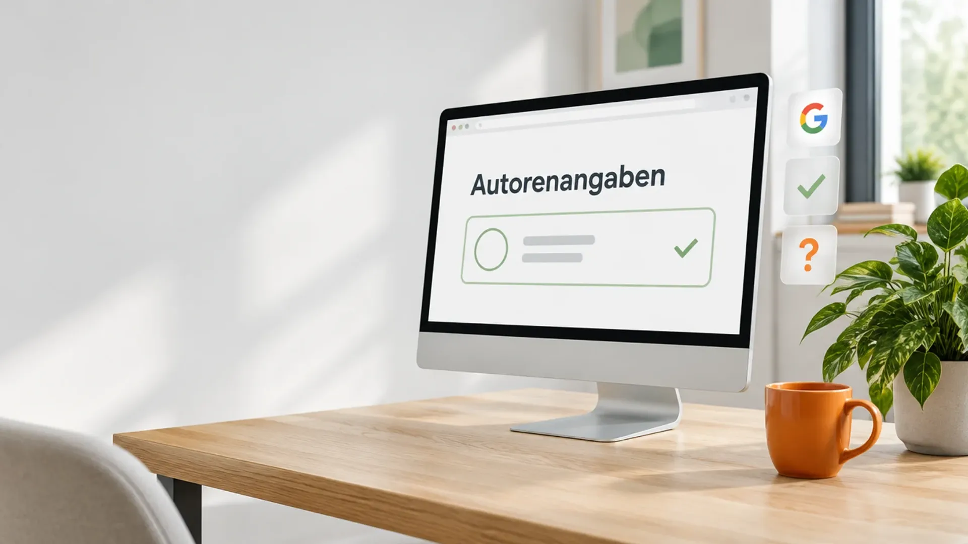 Monitor auf einem hellen Holztisch mit dem Wort Autorenangaben und einer leeren Autorenbox, daneben Glaskarten mit Google-Logo, Haken und Fragezeichen