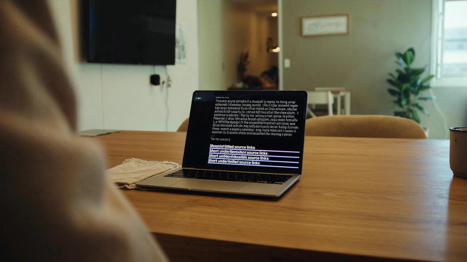 Laptop auf einem Holztisch mit einer KI-Antwort, darunter die aufgeführten Quellen
