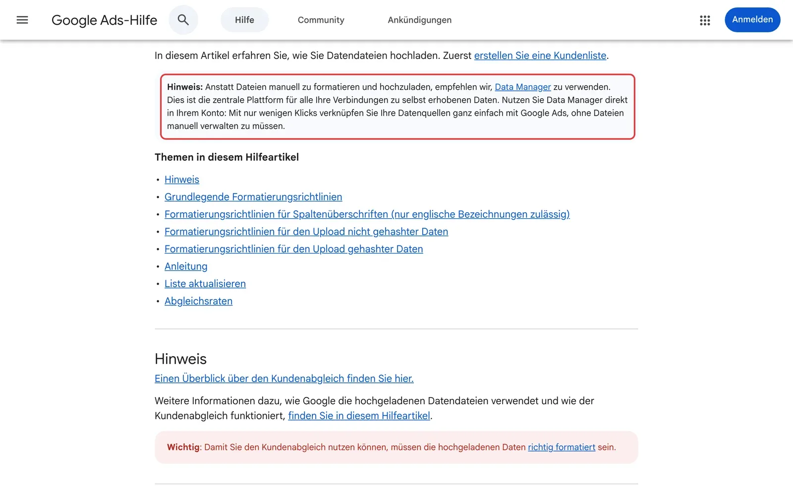 Hinweis in der Google Ads-Hilfe, dass Google statt manueller Dateien den Data Manager empfiehlt