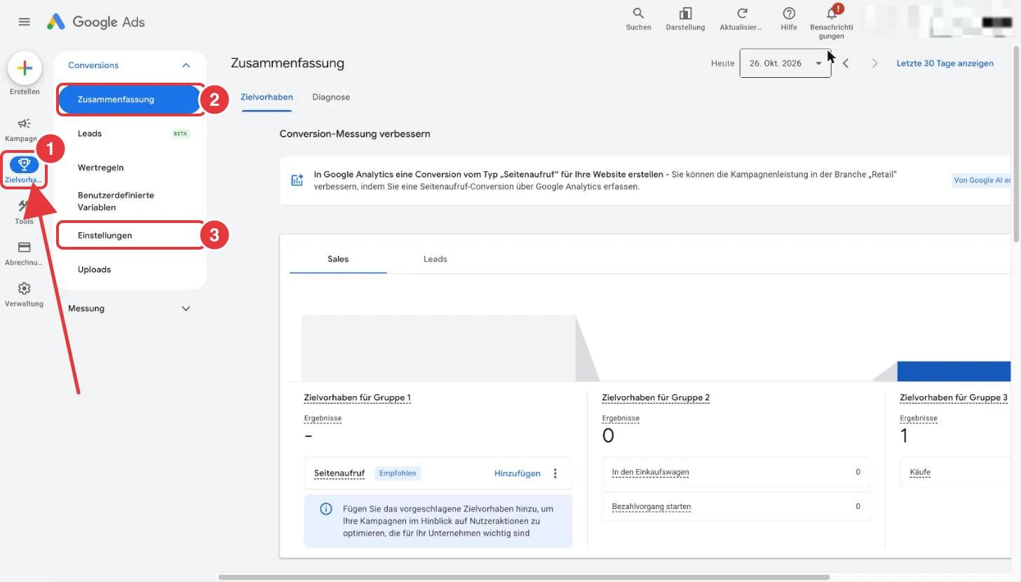 Google Ads Navigation: der Menüpunkt Zielvorhaben, darunter Zusammenfassung und Einstellungen sind rot markiert