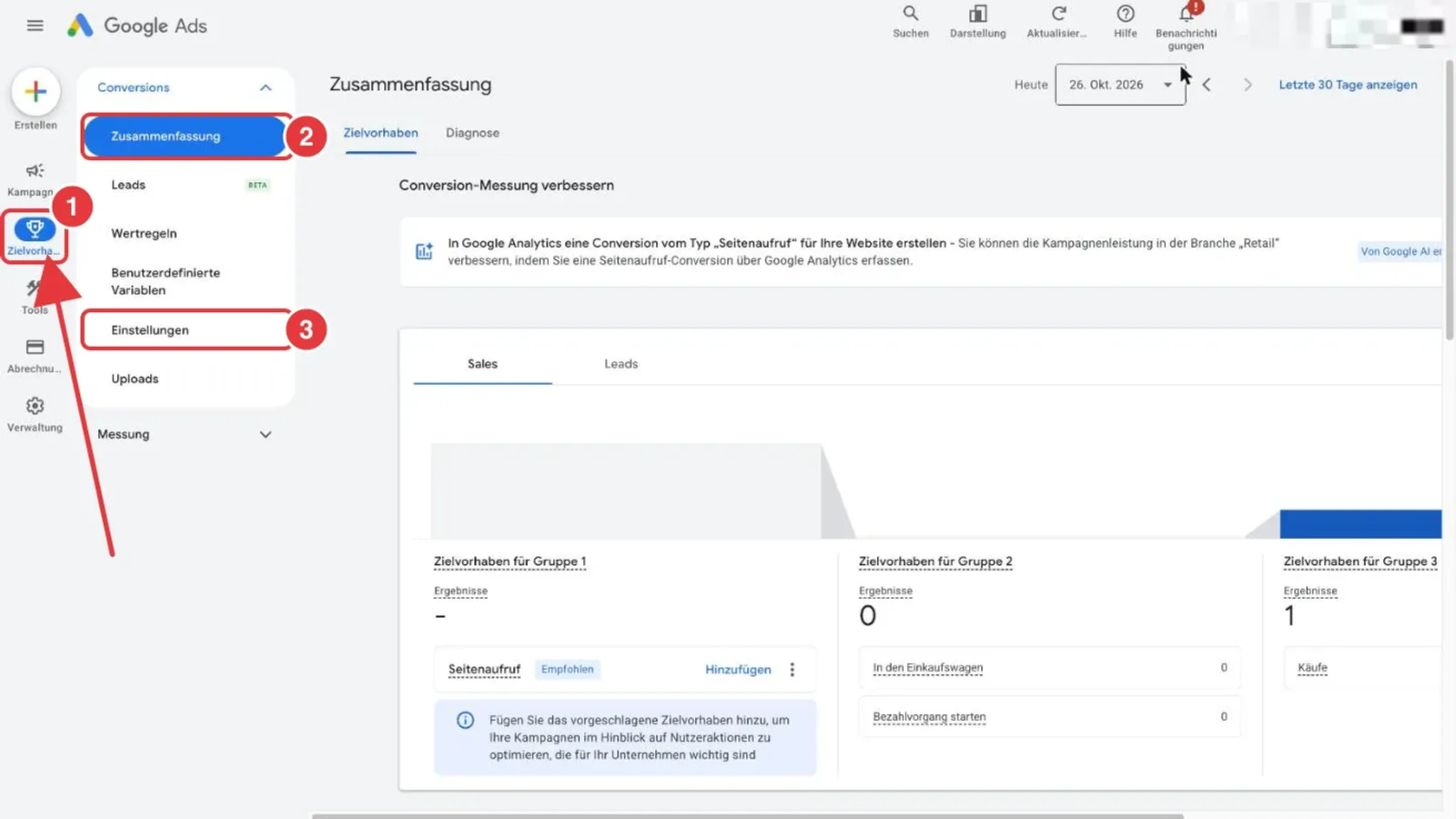 Google Ads Navigation: der Menüpunkt Zielvorhaben, darunter Zusammenfassung und Einstellungen sind rot markiert