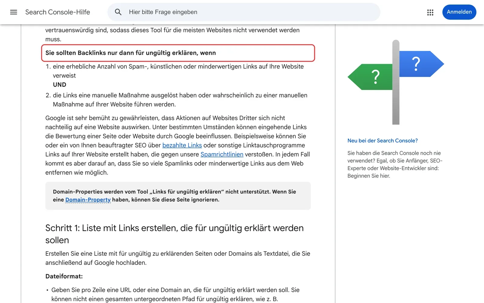 Google-Hilfe zum Disavow-Tool mit den zwei Bedingungen, wann Backlinks für ungültig erklärt werden sollten