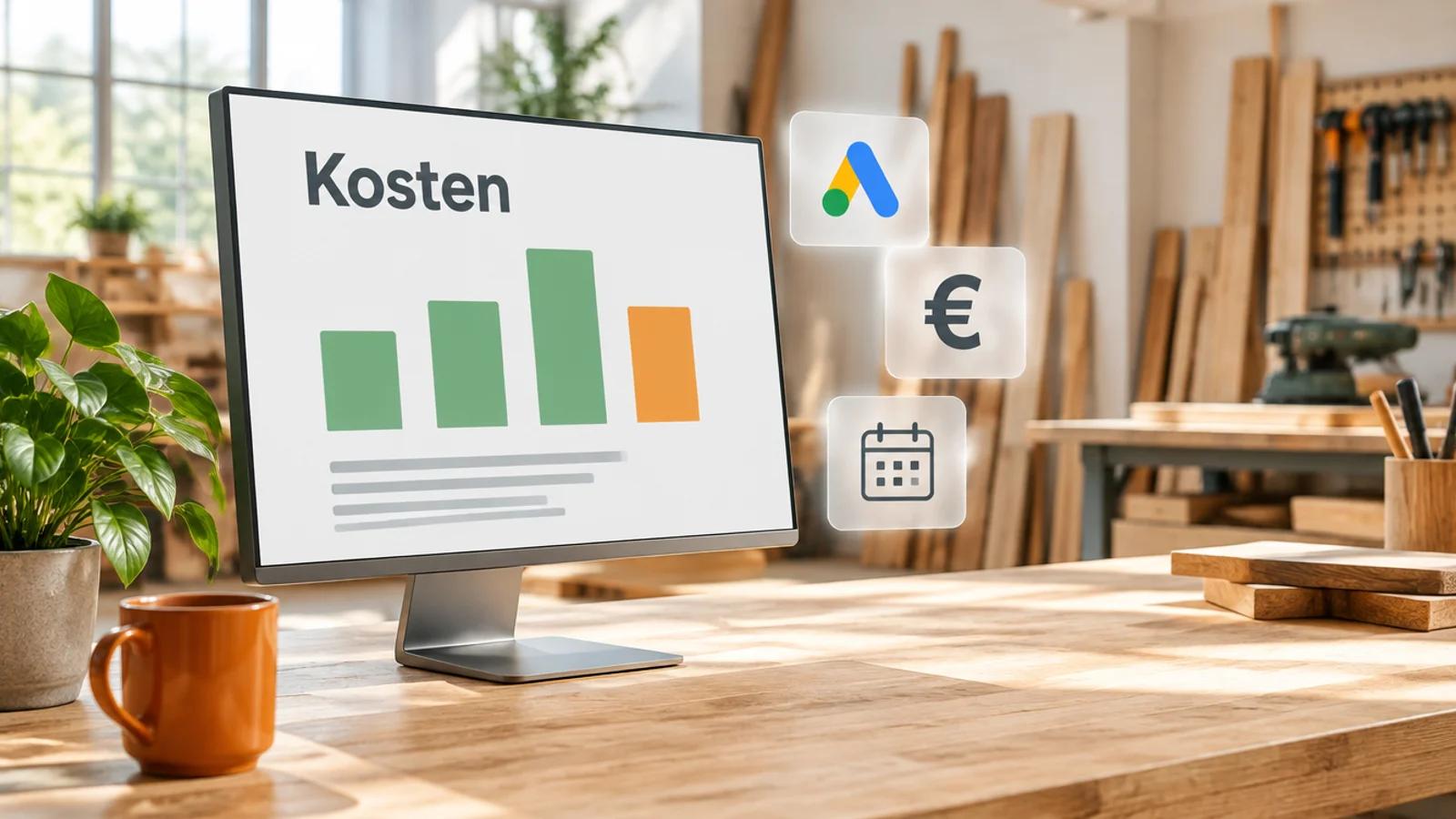 Monitor auf einer Werkbank in einer hellen Tischlerei mit dem Wort Kosten und einem Balkendiagramm, daneben Glaskacheln mit Google-Ads-Logo, Euro-Zeichen und Kalender