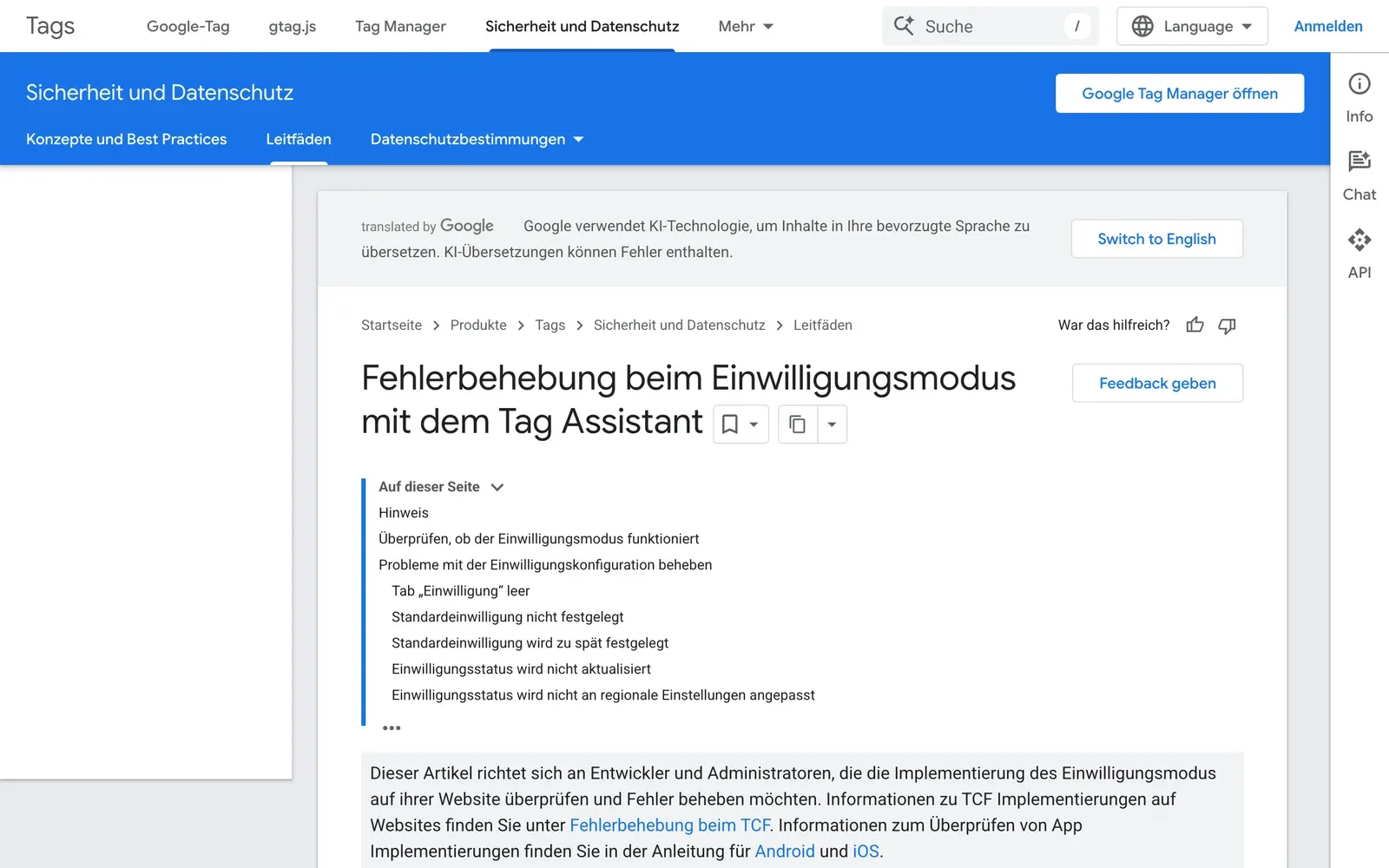 Google-Entwicklerseite zur Fehlerbehebung beim Einwilligungsmodus mit dem Tag Assistant, Inhaltsverzeichnis mit typischen Fehlern
