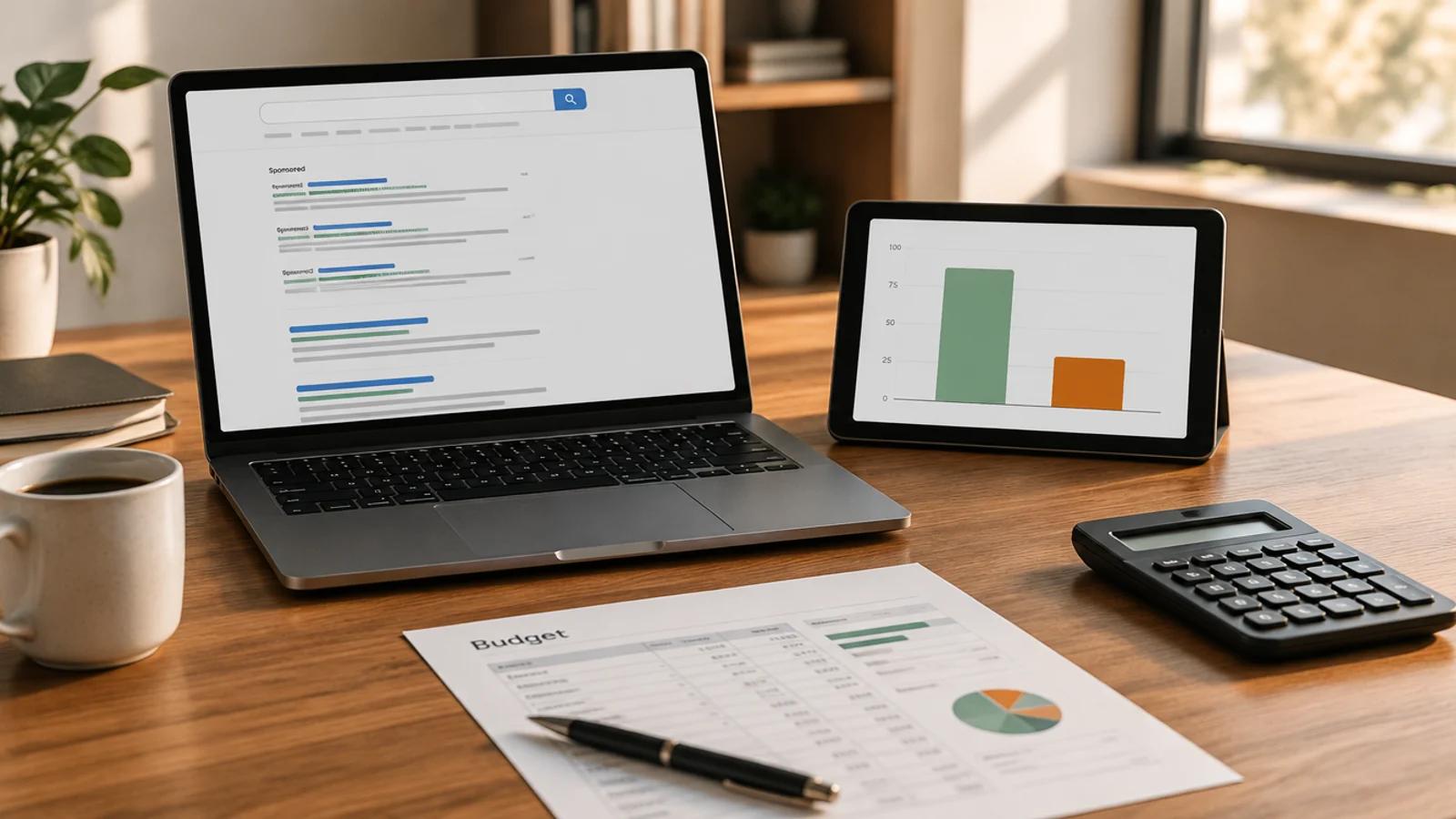 Laptop mit Suchergebnissen und Anzeigen, daneben ein Tablet mit Balkendiagramm, Budgetplan und Taschenrechner