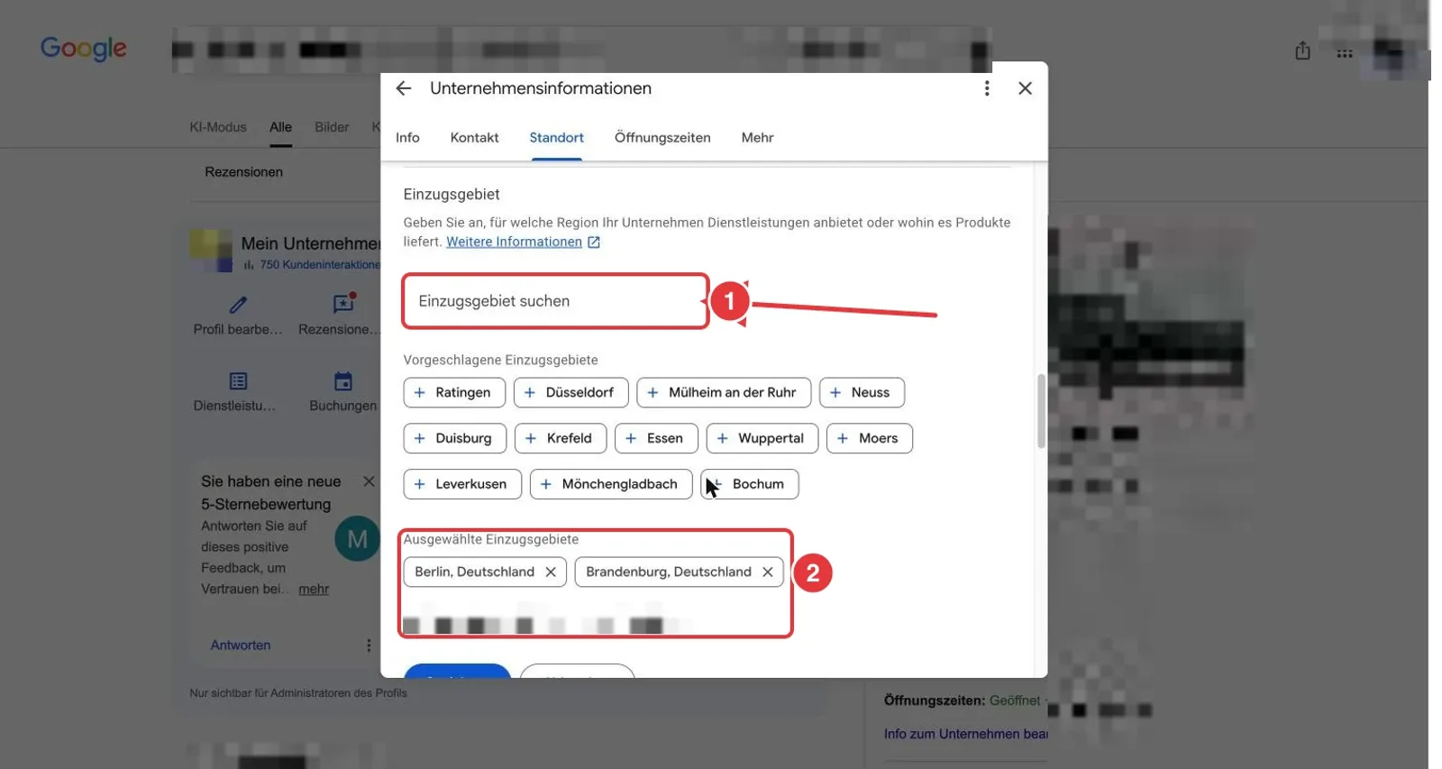 Google Unternehmensprofil, Reiter Standort: das Suchfeld Einzugsgebiet suchen und die ausgewählten Einzugsgebiete sind rot markiert
