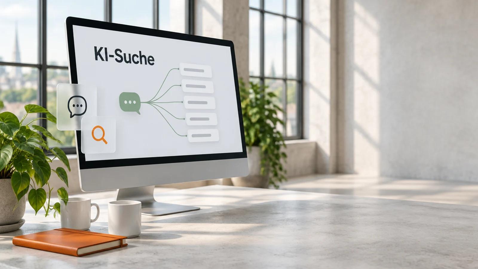 Großer Monitor im hellen Loft mit dem Wort KI-Suche und einer verzweigten Grafik
