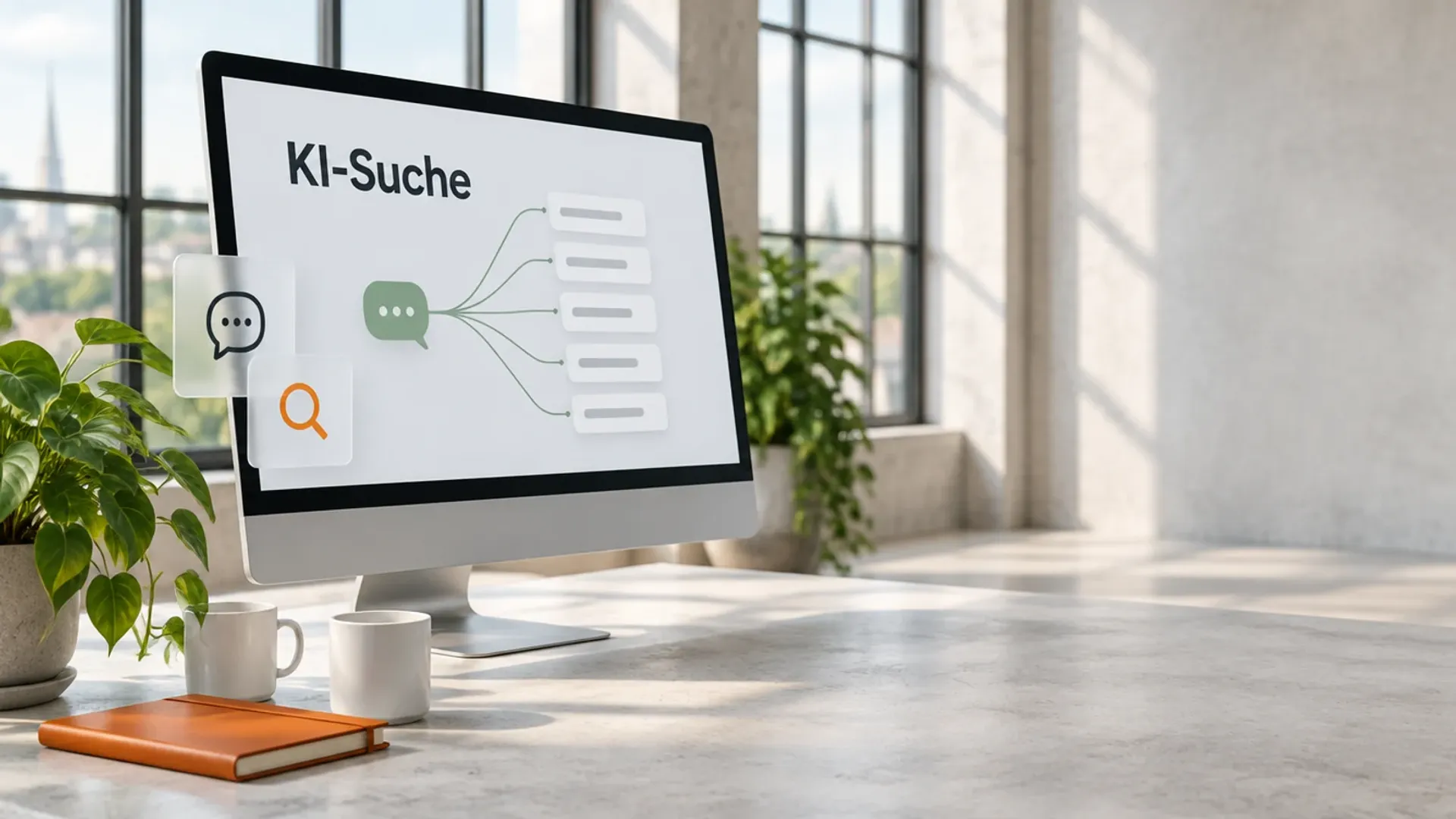 Großer Monitor im hellen Loft mit dem Wort KI-Suche und einer verzweigten Grafik