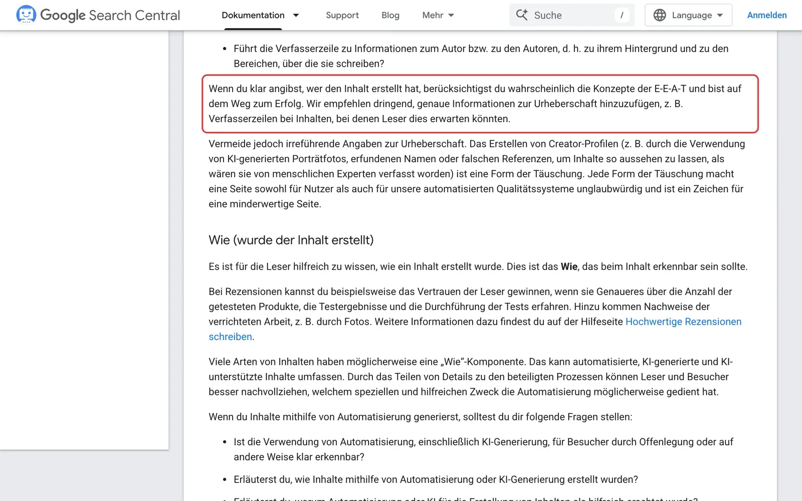 Google Search Central, Abschnitt Wer hat den Inhalt erstellt: die Empfehlung, genaue Informationen zur Urheberschaft wie Verfasserzeilen hinzuzufügen, ist rot umrahmt