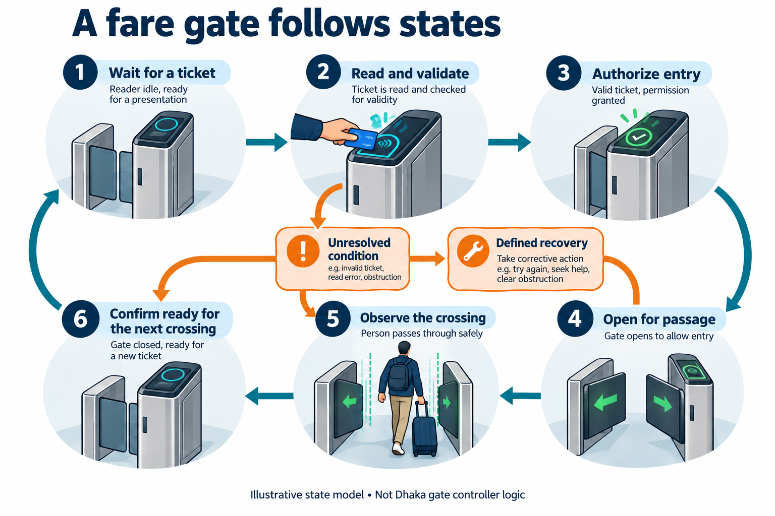 Figure 5 A gate cycle connects ticket validation with physical passage This is an illustrative state model