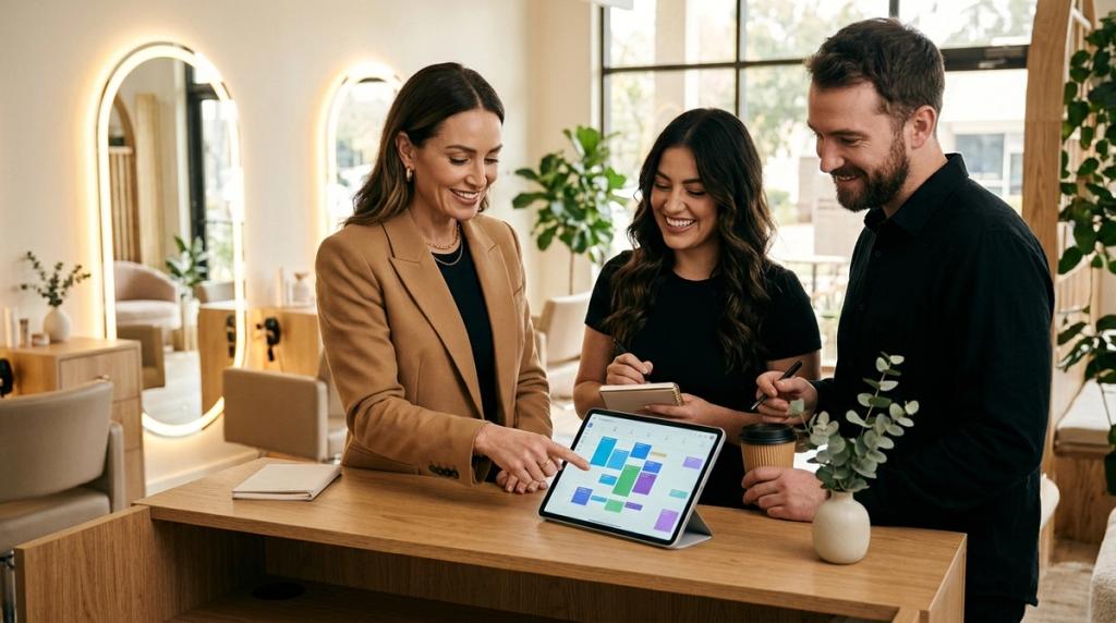 Salon manager and stylists coordinating appointment schedules on a tablet at the salon reception desk