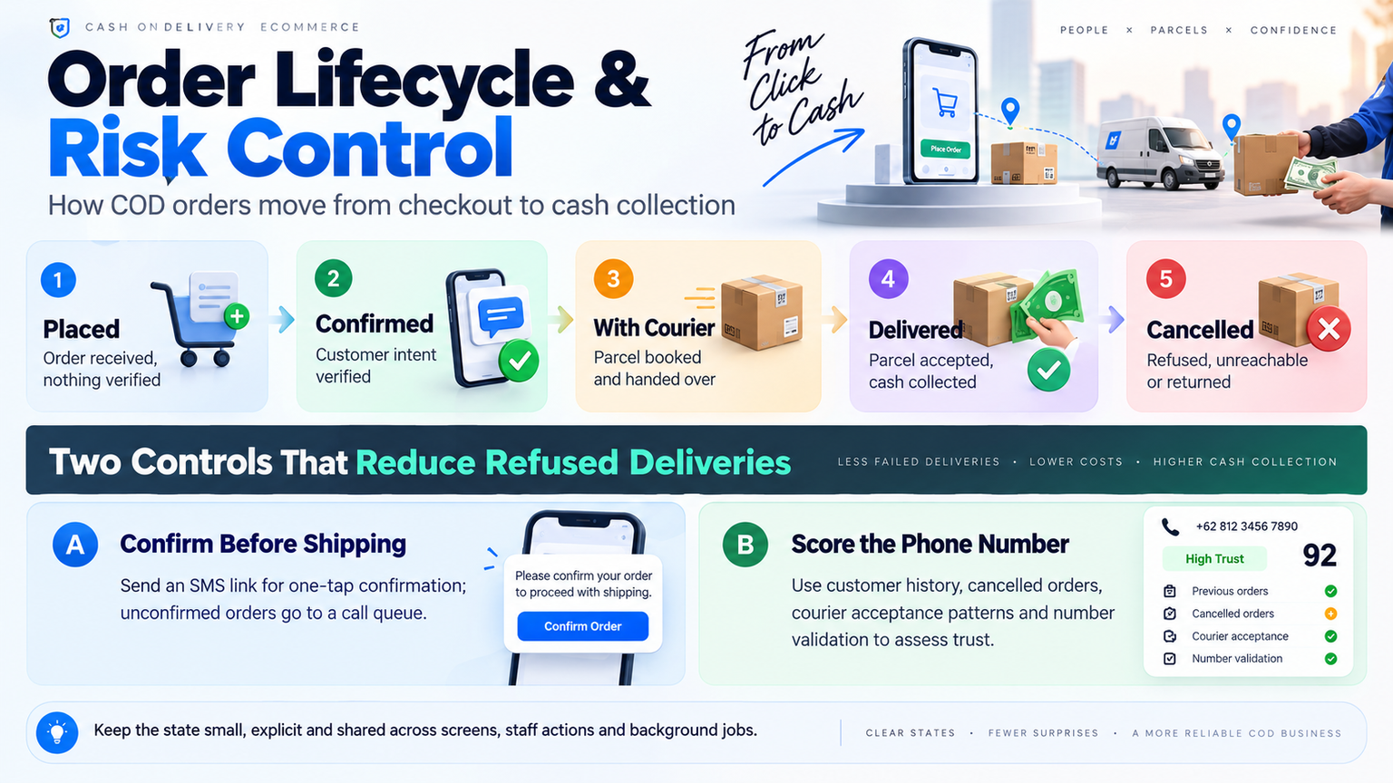 Infographic showing the five-state cash on delivery order lifecycle (Placed, Confirmed, With Courier, Delivered, Cancelled) and the two controls that reduce refused deliveries: SMS confirmation before shipping, and risk scoring per phone number.