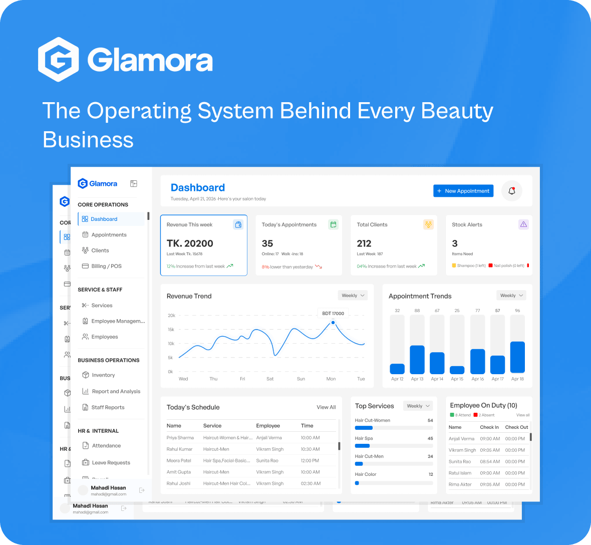 The Glamora dashboard, showing weekly revenue, today's appointments, total clients, revenue and appointment trends, and today's schedule.