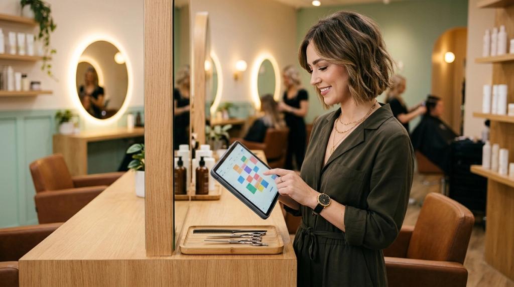 Salon stylist reviewing digital booking schedule and appointment calendar on a tablet