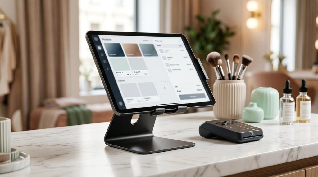 Beauty studio POS billing register on a tablet with payment terminal displaying service and retail items