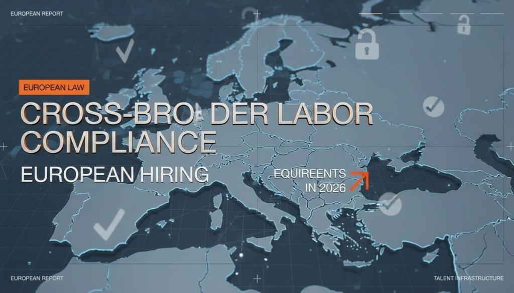Map of Europe overlaid with padlock and tick icons under the heading "European Law: Cross-Border Labor Compliance - European Hiring Requirements in 2026".