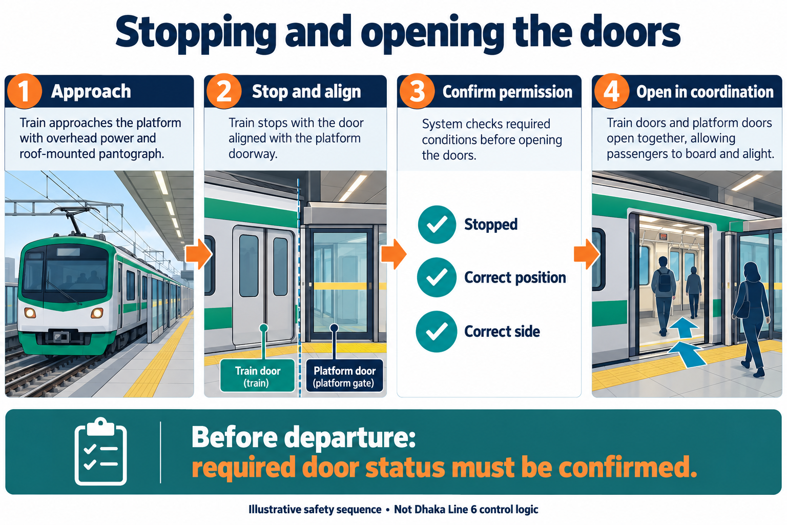 Figure 7 An illustrative stopping and door permission sequence Dhaka confirms synchronized doors but this is not its published control logic