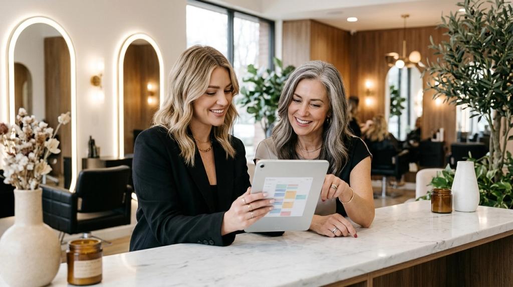 Salon manager and stylist reviewing digital appointment calendar and salon sales metrics on a tablet