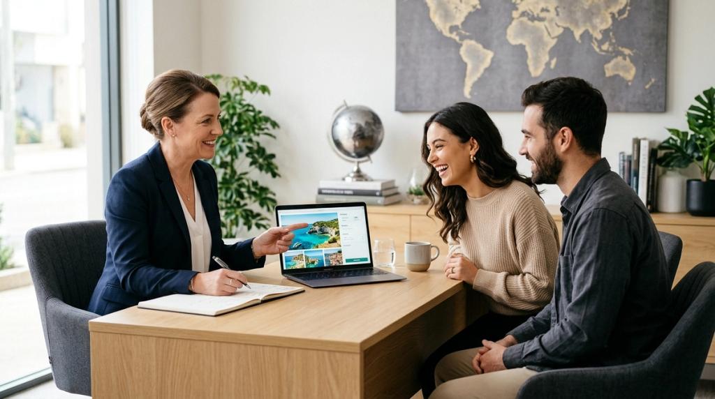 Travel agency consultant reviewing custom travel agency software itineraries on a laptop with clients
