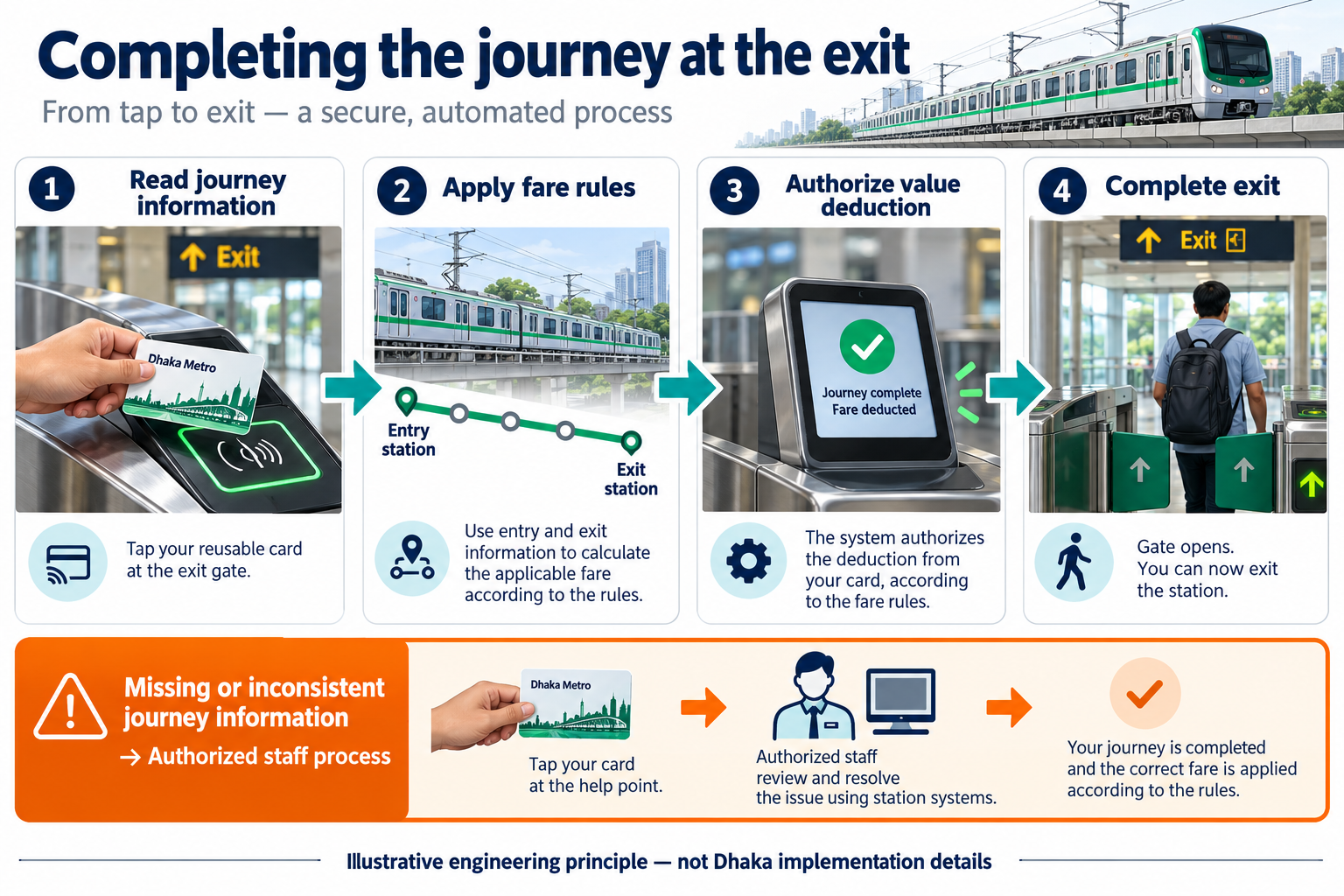 Figure 9 A reusable card journey is processed at exit Illustrative fare workflow rather than Dhaka record layout