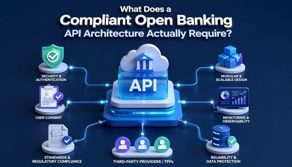 Diagram of a compliant Open Banking API architecture: a central API core connected to seven surrounding concerns - security and authentication, user consent, standards and regulatory compliance, third-party providers and TPPs, reliability and data protection, monitoring and observability, and modular scalable design.
