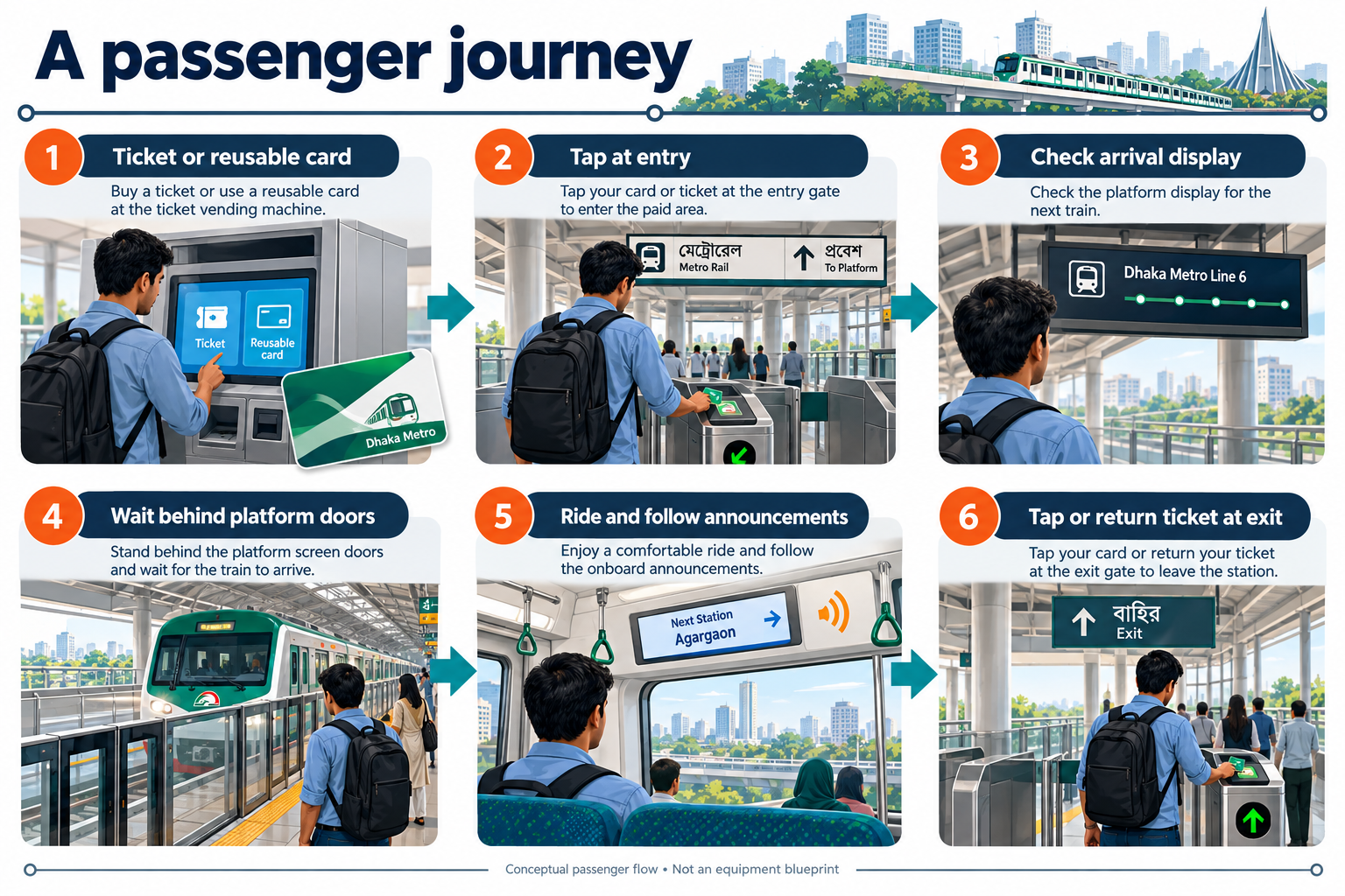 Figure 1 A conceptual passenger journey from ticketing to exit Equipment appearances and station scenes are illustrative