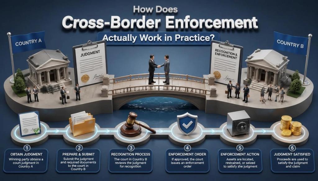 Diagram of cross-border judgment enforcement from Country A to Country B across six steps: obtain judgment, prepare and submit, recognition process, enforcement order, enforcement action, and judgment satisfied.
