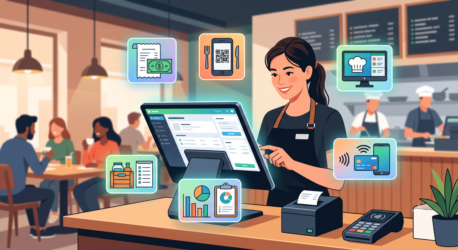 Restaurant staff using cloud POS software with QR ordering and digital billing