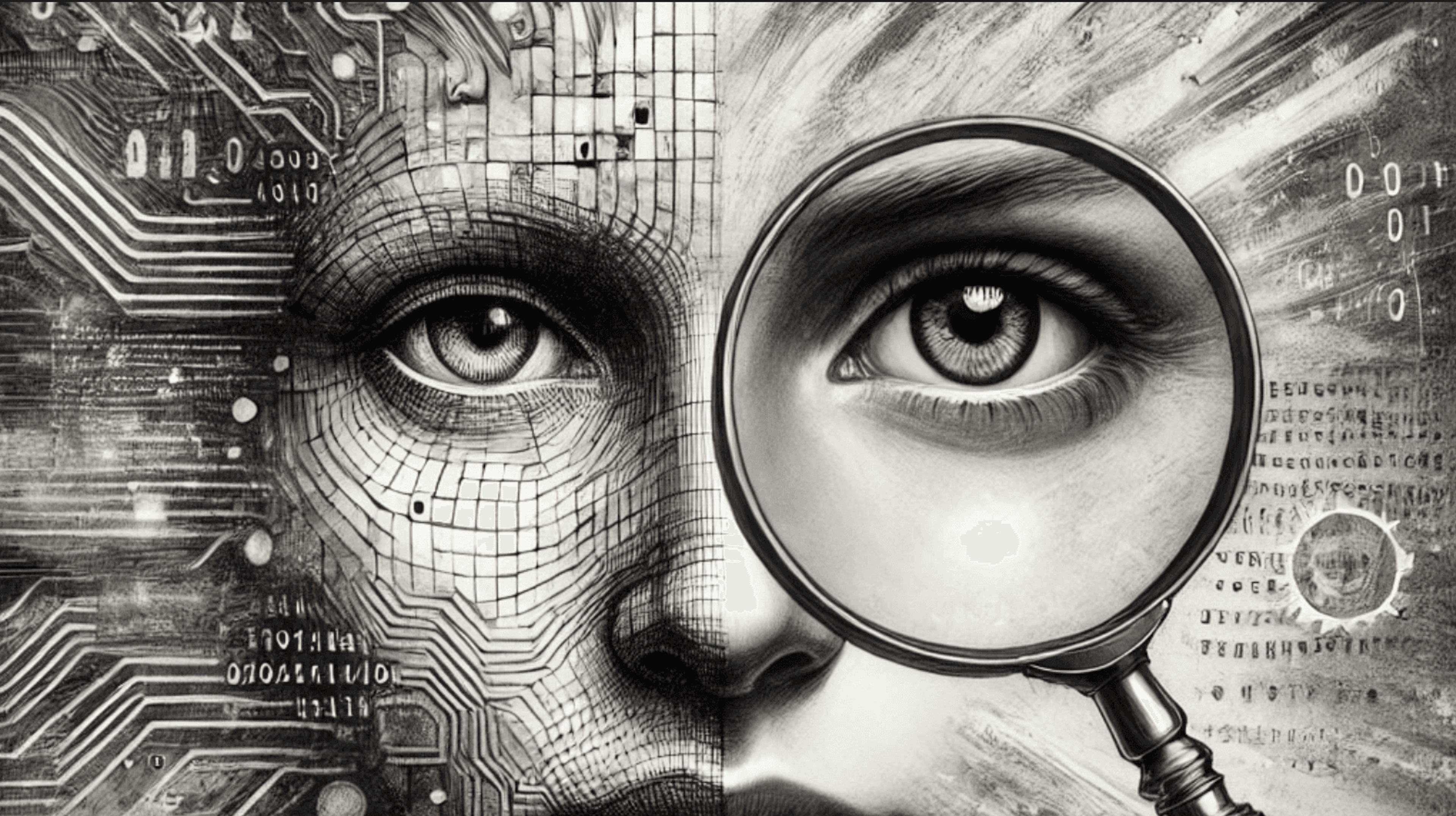 Chips melding into a face with a magnifying glass over the left eye