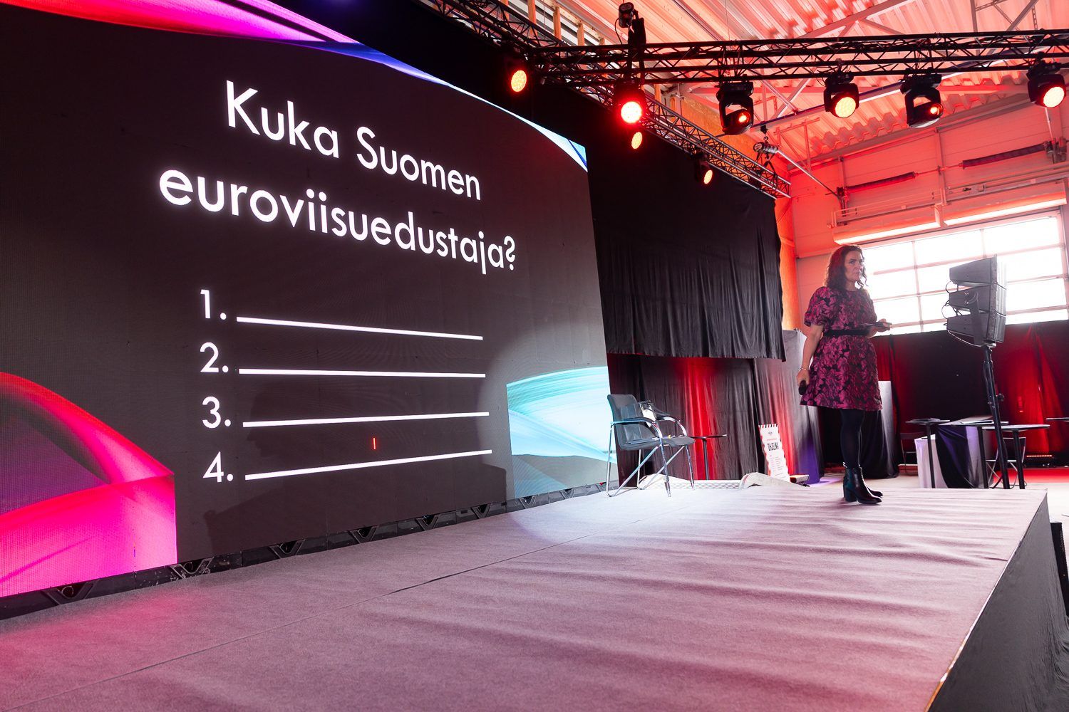 Visan vetäjä lavalla, ruudulla kysymys Kuka Suomen euroviisuedustaja ja neljä tyhjää riviä.