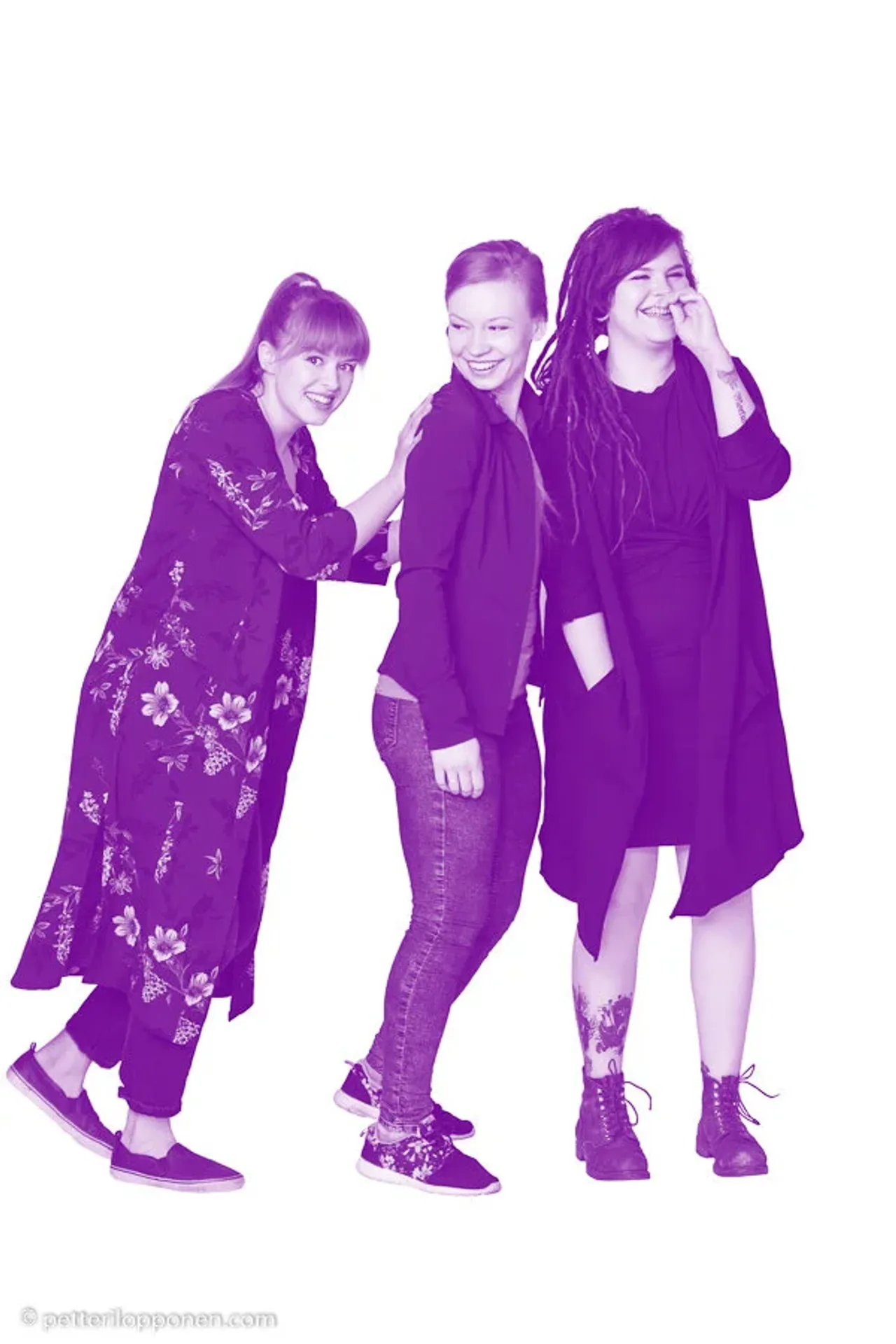 A purple-toned cutout of three young people.