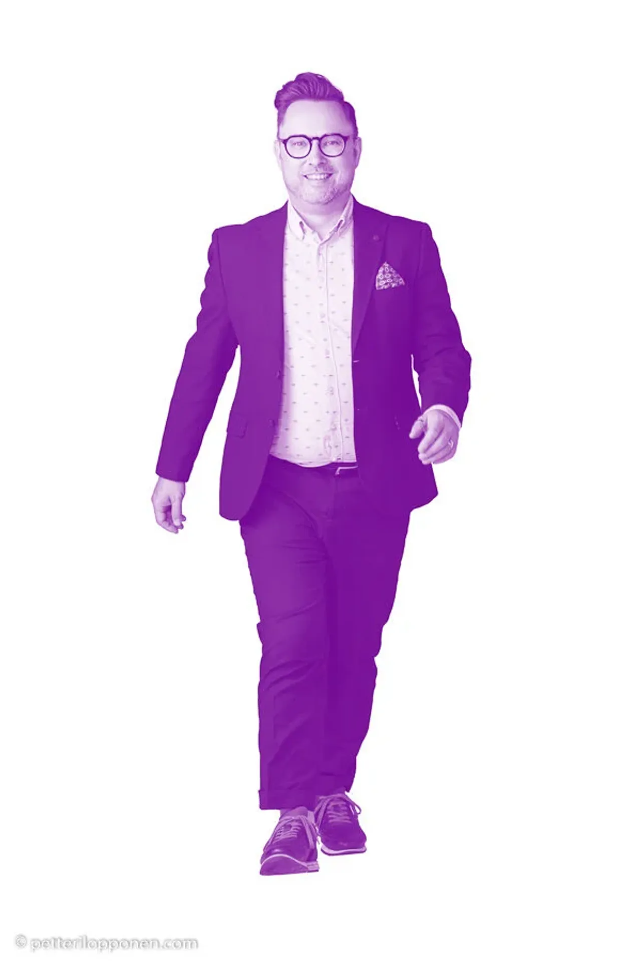 A purple-toned figure in a suit, hands in pockets.