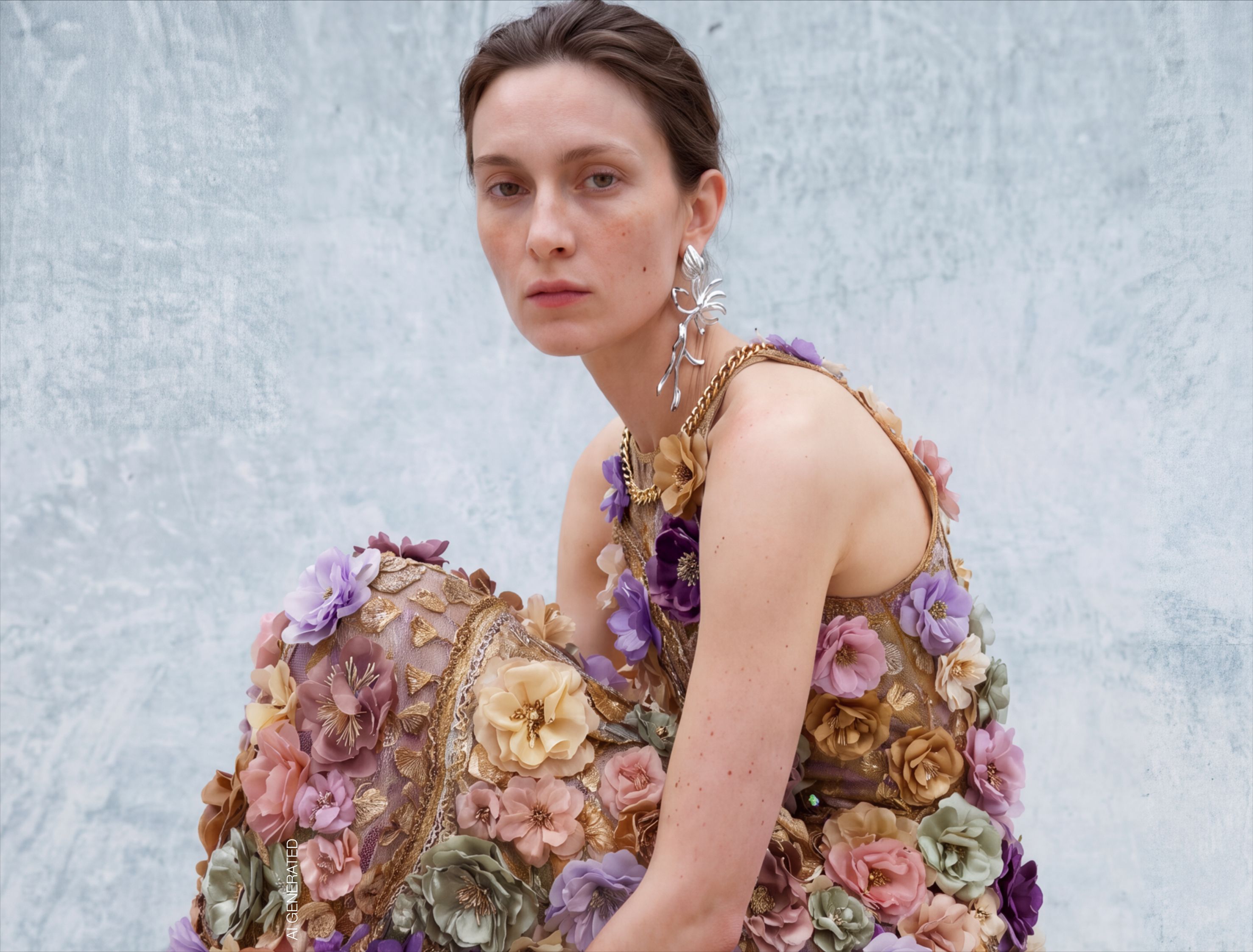 PC_HOME_Portrait of a woman against a blue textured background, with a flower dress.